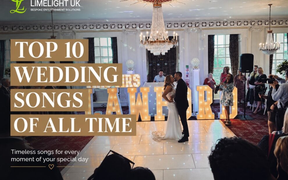 Bride and groom sharing their first dance with guests at a wedding reception – Top 10 Wedding Songs of All Time